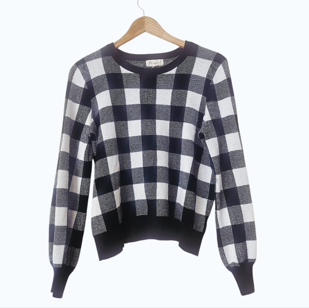 Marled Black Ivory Buffalo Check Plaid Pullover Sweater, Preppy Rustic Size M